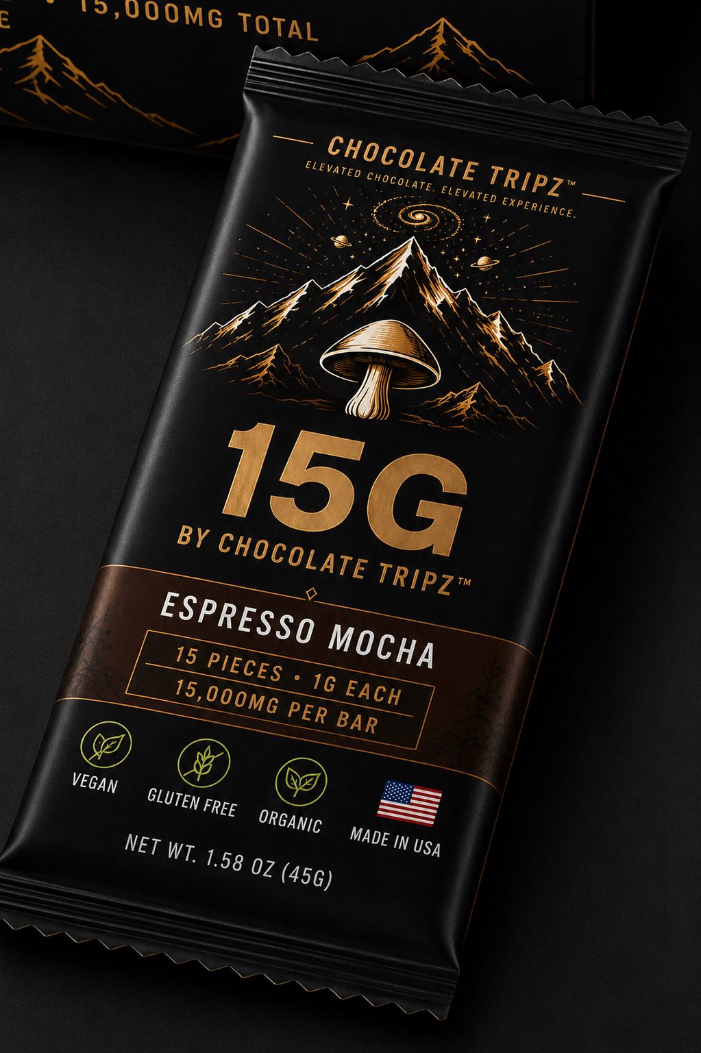 15G by Chocolate Tripz Espresso Mocha bar on dark surface