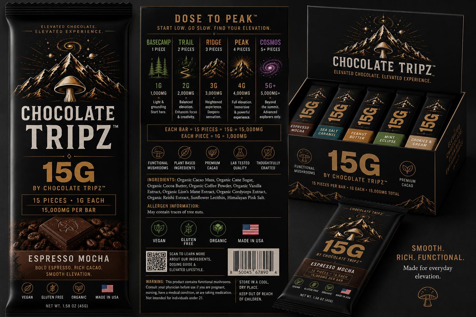 Chocolate Tripz bar with mountain and topographic motif