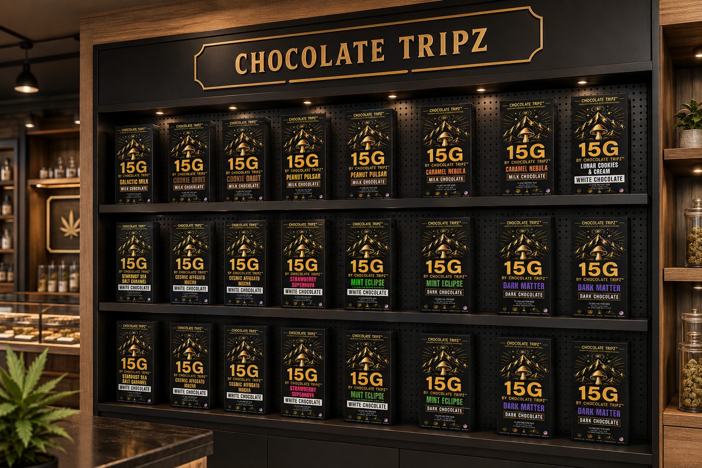 Chocolate Tripz product wall in a retail setting